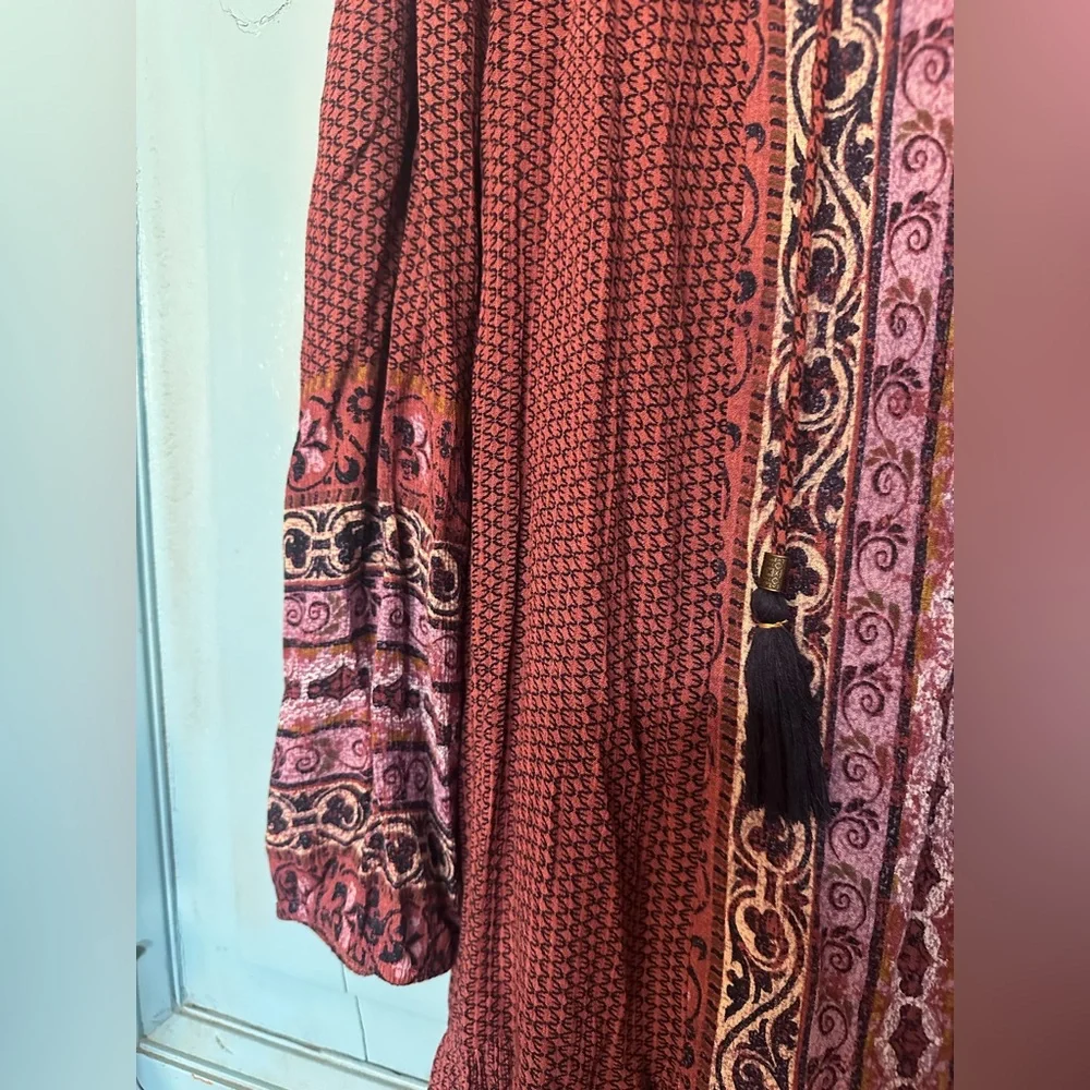 Knox Rose Burgundy Boho Lace-Up Long Sleeve Dress - Picture 3 of 7